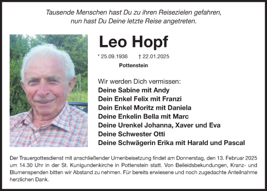 Traueranzeige von Leo Hopf von Nordbayerische Nachrichten Pegnitz Lokal