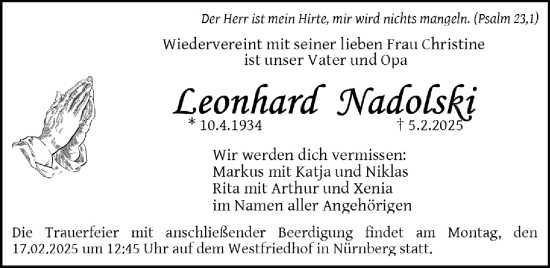 Traueranzeige von Leonhard Nadolski von Gesamtausgabe Nürnberger Nachrichten/ Nürnberger Ztg.