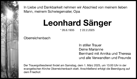 Traueranzeige von Leonhard Sänger von Nordbayerische Nachrichten Herzogenaurach Lokal