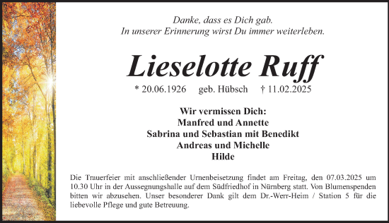 Traueranzeige von Lieselotte Ruff von Gesamtausgabe Nürnberger Nachrichten/ Nürnberger Ztg.