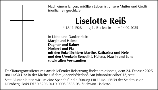 Traueranzeige von Liselotte Reiß von Gesamtausgabe Nürnberger Nachrichten/ Nürnberger Ztg.