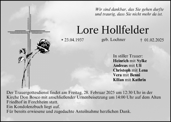 Traueranzeige von Lore Hollfelder von Nordbayerische Nachrichten Forchheim Lokal