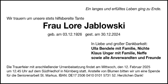 Traueranzeige von Lore Jablowski von Gesamtausgabe Nürnberger Nachrichten/ Nürnberger Ztg.