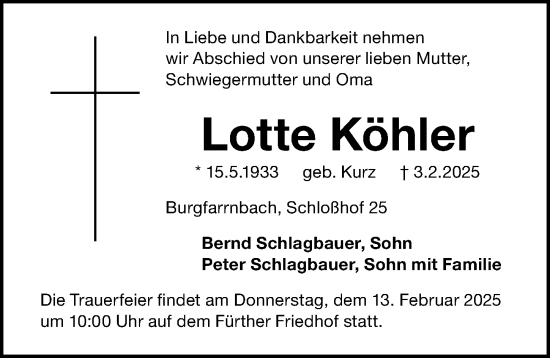 Traueranzeige von Lotte Köhler von Fürther Nachrichten Lokal