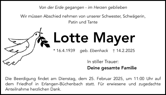 Traueranzeige von Lotte Mayer von Erlanger Nachrichten Lokal