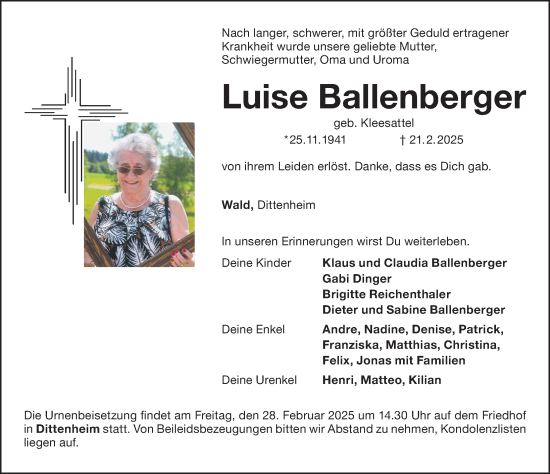 Traueranzeige von Luise Ballenberger von Altmühl-Bote Lokal