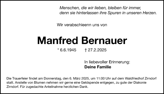 Traueranzeige von Manfred Bernauer von Gesamtausgabe Nürnberger Nachrichten/ Nürnberger Ztg./ Fürther Nachrichten