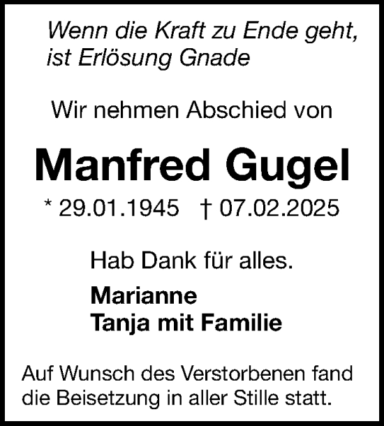 Traueranzeige von Manfred Gugel von Gesamtausgabe Nürnberger Nachrichten/ Nürnberger Ztg.