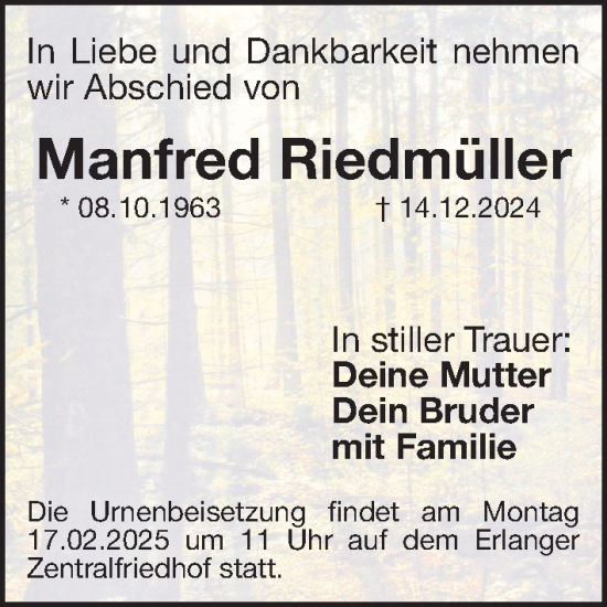 Traueranzeige von Manfred Riedmüller von Erlanger Nachrichten Lokal