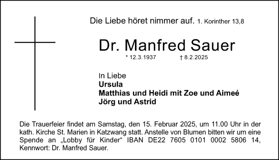 Traueranzeige von Manfred Sauer von Gesamtausgabe Nürnberger Nachrichten/ Nürnberger Ztg.