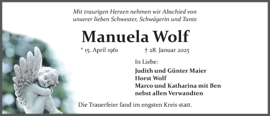 Traueranzeige von Manuela Wolf von Gesamtausgabe Nürnberger Nachrichten/ Nürnberger Ztg.