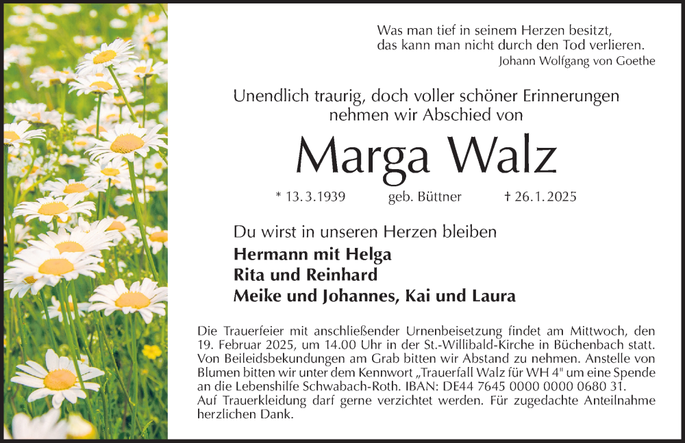  Traueranzeige für Marga Walz vom 15.02.2025 aus Schwabacher Tagblatt Lokal
