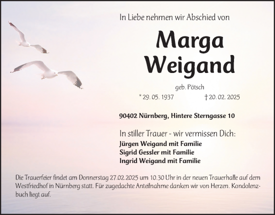 Traueranzeige von Marga Weigand von Gesamtausgabe Nürnberger Nachrichten/ Nürnberger Ztg.