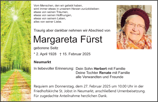 Traueranzeige von Margareta Fürst von Neumarkter Nachrichten Lokal