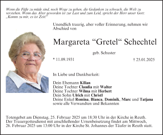 Traueranzeige von Margareta Schechtel von Nordbayerische Nachrichten Forchheim Lokal