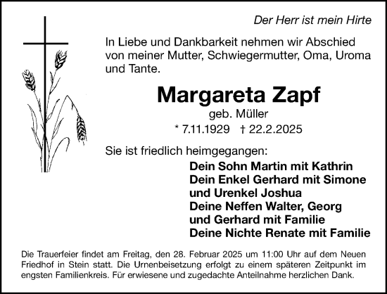 Traueranzeige von Margareta Zapf von Gesamtausgabe Nürnberger Nachrichten/ Nürnberger Ztg.