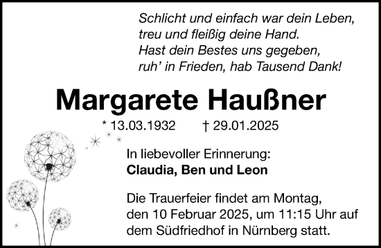 Traueranzeige von Margarete Haußner von Gesamtausgabe Nürnberger Nachrichten/ Nürnberger Ztg.