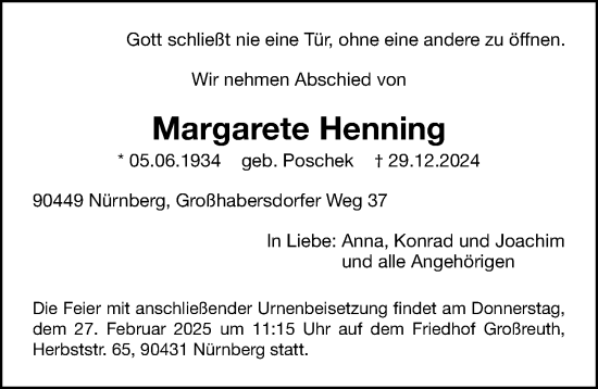 Traueranzeige von Margarete Henning von Gesamtausgabe Nürnberger Nachrichten/ Nürnberger Ztg.