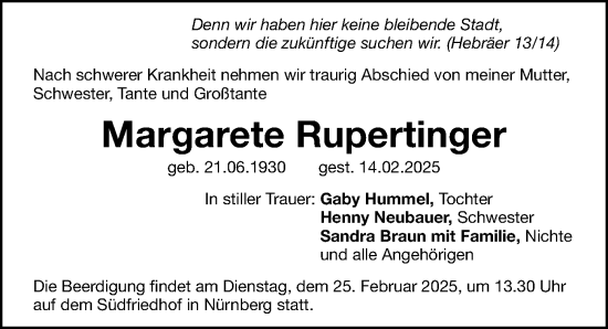 Traueranzeige von Margarete Rupertinger von Gesamtausgabe Nürnberger Nachrichten/ Nürnberger Ztg.