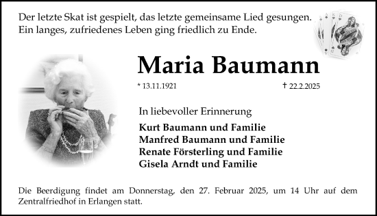 Traueranzeige von Maria Baumann von Erlanger Nachrichten Lokal