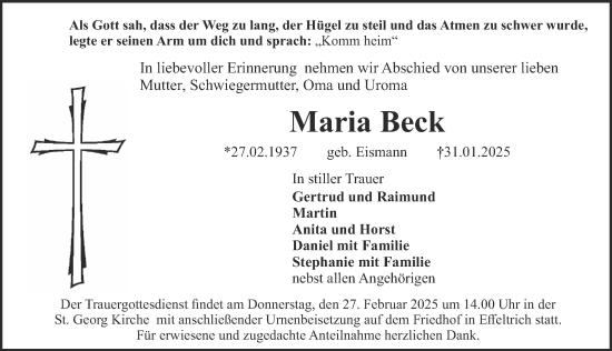 Traueranzeige von Maria Beck von Nordbayerische Nachrichten Forchheim Lokal