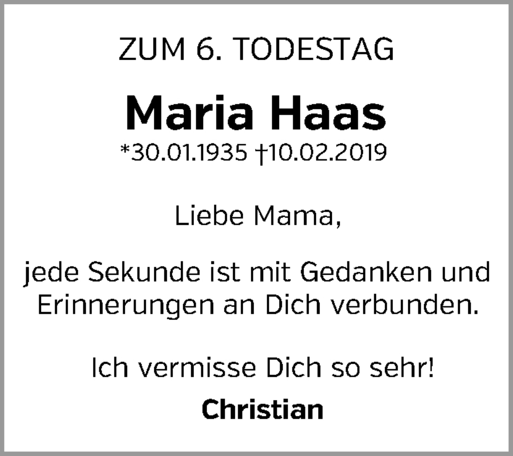  Traueranzeige für Maria Haas vom 10.02.2025 aus Gesamtausgabe Nürnberger Nachrichten/ Nürnberger Ztg.