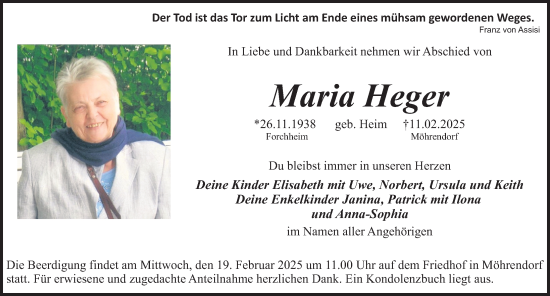 Traueranzeige von Maria Heger von Erlanger Nachrichten Lokal