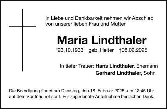 Traueranzeige von Maria Lindthaler von Gesamtausgabe Nürnberger Nachrichten/ Nürnberger Ztg.