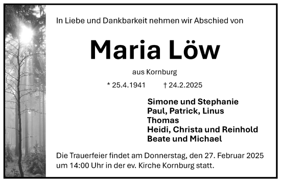 Traueranzeige von Maria Löw von Gesamtausgabe Nürnberger Nachrichten/ Nürnberger Ztg.