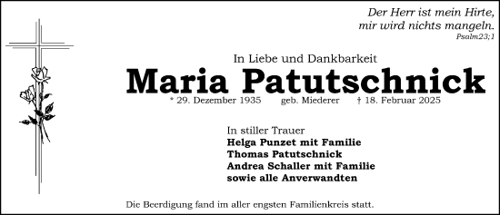 Traueranzeige von Maria Patutschnick von Schwabacher Tagblatt Lokal