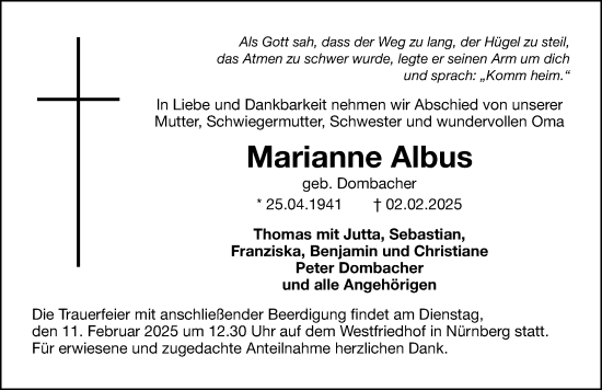 Traueranzeige von Marianne Albus von Gesamtausgabe Nürnberger Nachrichten/ Nürnberger Ztg.