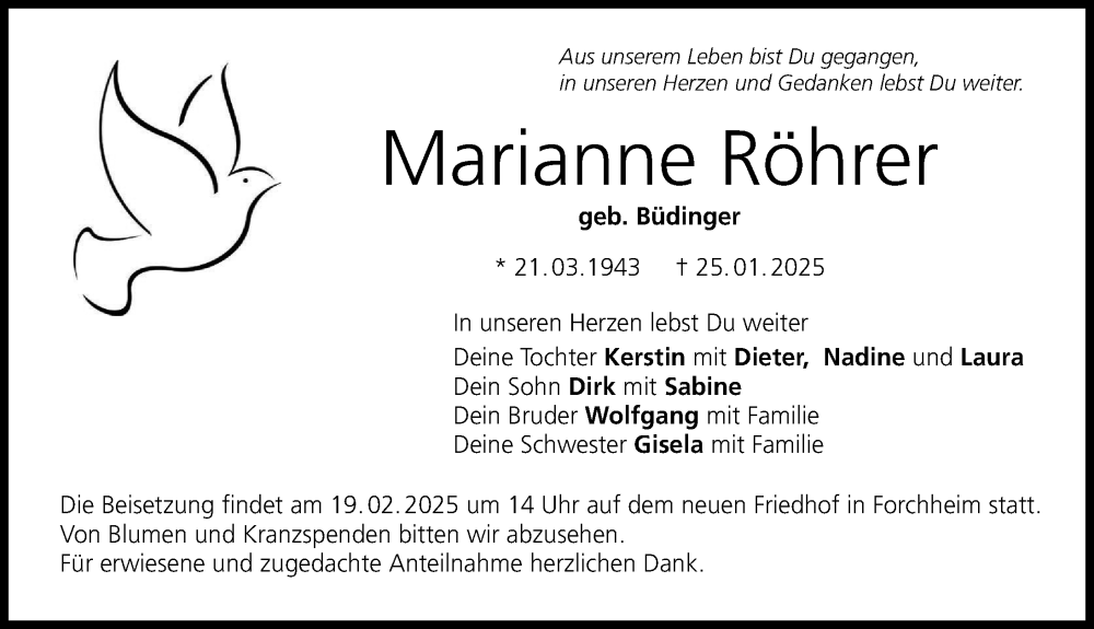 Traueranzeige für Marianne Röhrer vom 15.02.2025 aus Nordbayerische Nachrichten Forchheim Lokal