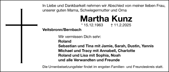 Traueranzeige von Martha Kunz von Fürther Nachrichten Lokal