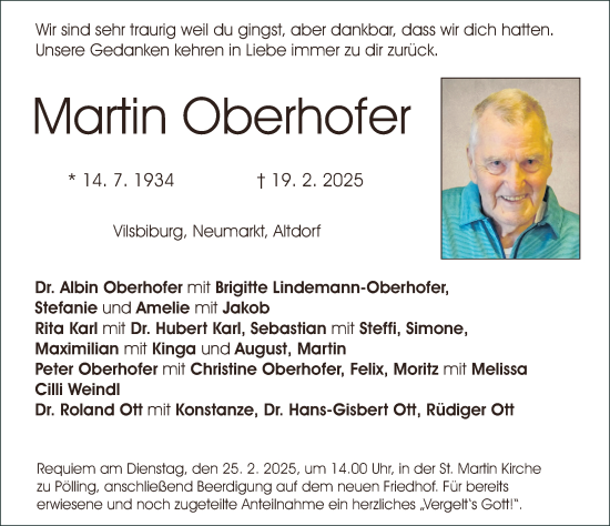 Traueranzeige von Martin Oberhofer von Neumarkter Nachrichten Lokal