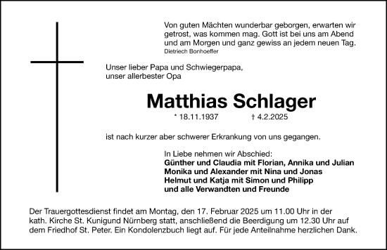 Traueranzeige von Matthias Schlager von Gesamtausgabe Nürnberger Nachrichten/ Nürnberger Ztg.