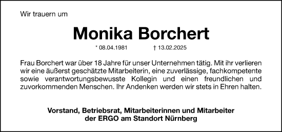 Traueranzeige von Monika Borchert von Gesamtausgabe Nürnberger Nachrichten/ Nürnberger Ztg.