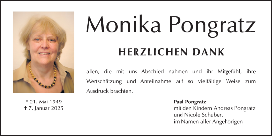 Traueranzeige von Monika Pongratz von Gesamtausgabe Nürnberger Nachrichten/ Nürnberger Ztg.