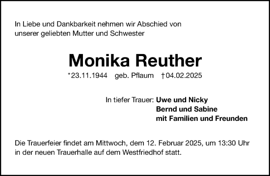 Traueranzeige von Monika Reuther von Gesamtausgabe Nürnberger Nachrichten/ Nürnberger Ztg.