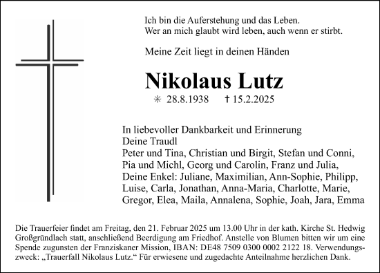 Traueranzeige von Nikolaus Lutz von Gesamtausgabe Nürnberger Nachrichten/ Nürnberger Ztg.