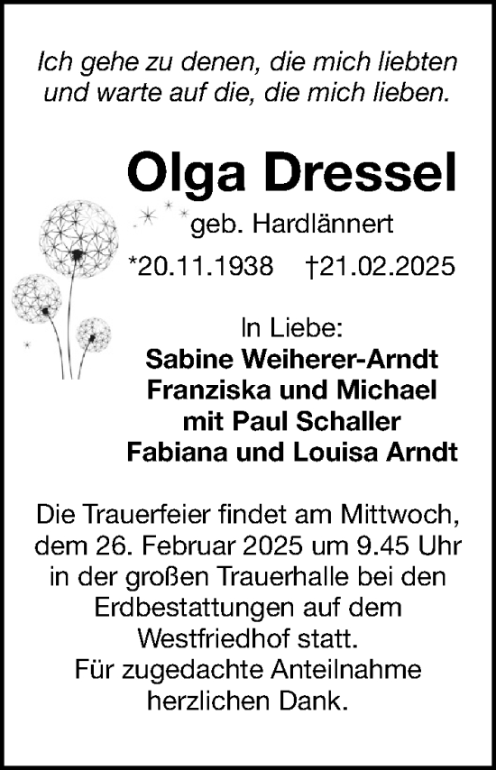 Traueranzeige von Olga Dressel von Gesamtausgabe Nürnberger Nachrichten/ Nürnberger Ztg.