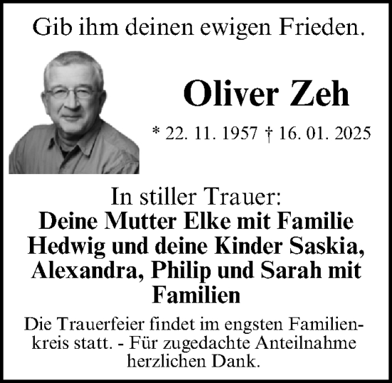 Traueranzeige von Oliver Zeh von Gesamtausgabe Nürnberger Nachrichten/ Nürnberger Ztg.