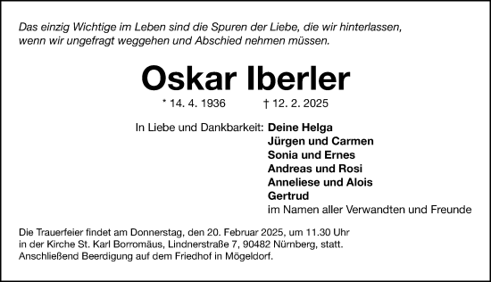 Traueranzeige von Oskar Iberler von Gesamtausgabe Nürnberger Nachrichten/ Nürnberger Ztg.