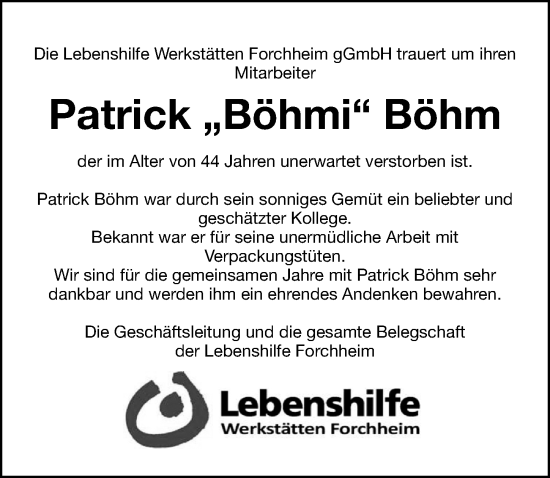 Traueranzeige von Patrick Böhm von Nordbayerische Nachrichten Forchheim Lokal