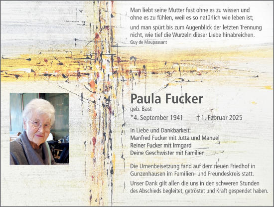 Traueranzeige von Paula Fucker von Altmühl-Bote Lokal