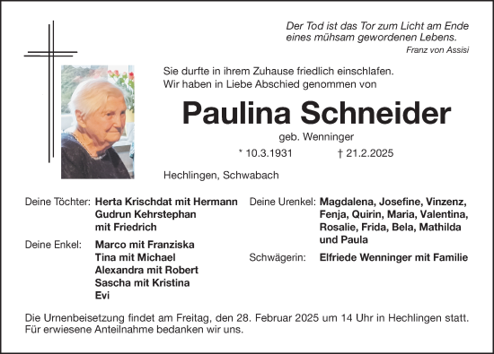 Traueranzeige von Paulina Schneider von Altmühl-Bote Lokal