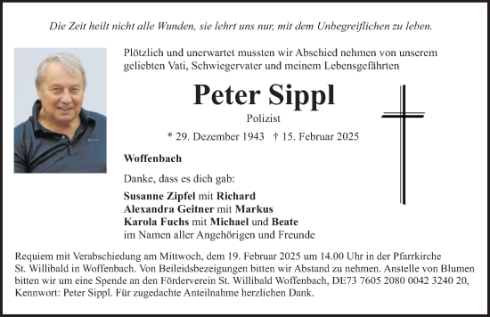 Traueranzeige von Peter Sippl von Gesamtausgabe Nürnberger Nachrichten/ Nürnberger Ztg.