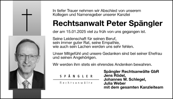 Traueranzeige von Peter Spängler von Gesamtausgabe Nürnberger Nachrichten/ Nürnberger Ztg.