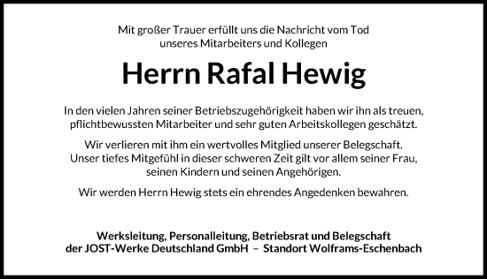 Traueranzeige von Rafal Hewig von Altmühl-Bote Lokal