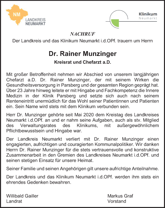 Traueranzeige von Rainer Munzinger von Neumarkter Nachrichten Lokal