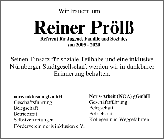 Traueranzeige von Reiner Prölß von Gesamtausgabe Nürnberger Nachrichten/ Nürnberger Ztg.